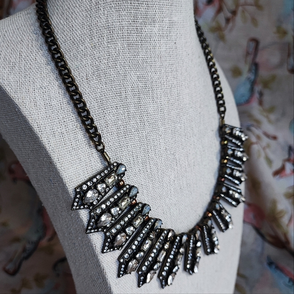 BAUBLEBAR Signed Oxidized Brass Opaline Clear Rhinestone Statement Necklace EUC